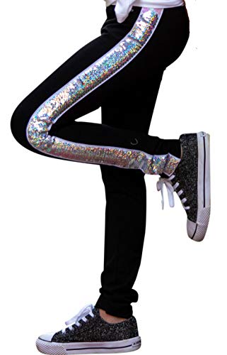HH Family Flip Sequin Cotton Leggings for Girls Sparkle Pants 4-14 Years (8, Stripe Black Legging)
