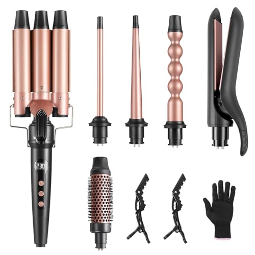 6 in 1 Hair Curling Iron Wand Set PTC Fast Heating Hair Crimper Professional Hair Styling Tools LCD Temp Control with Hair Straightener, Ceramic 3 Barrel Hair Waver Surprise Gift for Women Girl