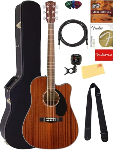 Fender CD-60SCE Solid Top Dreadnought Acoustic-Electric Guitar - All Mahogany Bundle with Hard Case, Instrument Cable, Tuner, Strap, Strings, Picks, and Austin Bazaar Instructional DVD