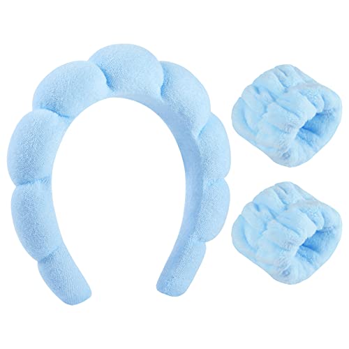 Sponge Spa Headband for Women, Blue Makeup Headband and Wrist Washband Set for Face Washing, Skincare, Makeup Removal Stocking Stuffers for Women