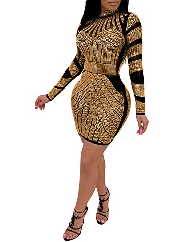PORRCEY Hot Drilling Craft Sexy Long Sleeve Dress Sexy Dress Party Club Evening Dress (3201,Gold,L)
