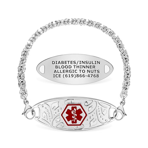 Divoti Custom Engraved Medical Alert Bracelets for Women, Stainless Steel Medical Bracelet, Medical ID Bracelet w/Free Engraving – Lovely Filigree Tag w/Handmade Byzantine-Red-7.5'