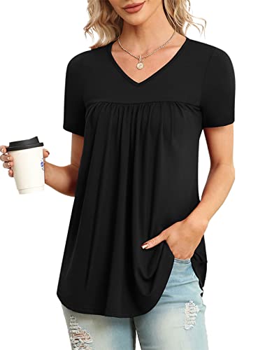 LAOLASI Women's Top Short Sleeve Dressy Basic Soft Blouse 2023 New Shirt Daily Comfy Shirt Loose Casual Tunic,Black,XL