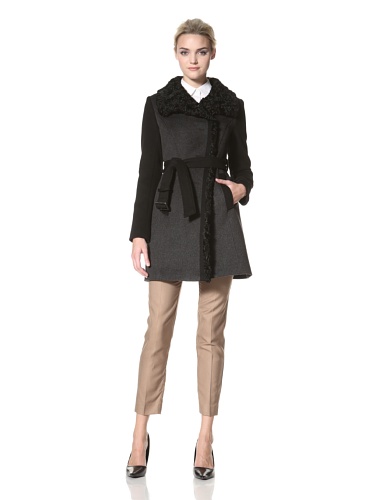 Dawn Levy Women's Sofia Wool Coat with Lamb Fur Collar, Charcoal, 8