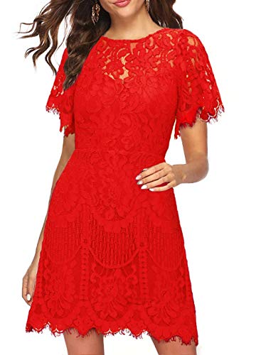 Cocktail Dresses Women Wedding Guest Summer Floral Lace Evening Party Travel Comfortable Simple A Line Dress for Teens 910 (Red, XL)