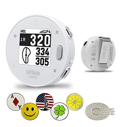 GolfBuddy VoiceX White Bundle with 1 Magnetic Hat Clip and 5 Ball Markers & Auto Course Update via Bluetooth with SmartPhone APP (iPhone & Android)