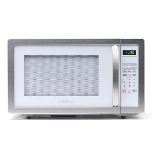 Farberware Countertop Microwave 1000 Watts, 1.1 cu ft - Microwave Oven With LED Lighting and Child Lock - Perfect for Apartments and Dorms - Easy Clean White, Platinum