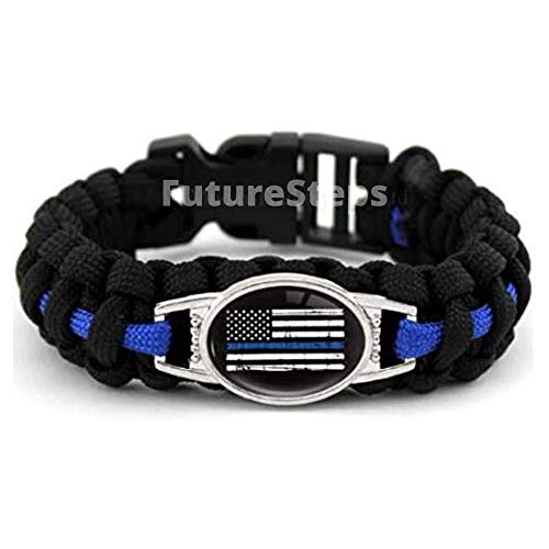 Police Para-cord Survival Bracelet | Police Thin Blue Line (8.5, SM) 10% of Sales Donated to Police Department of Your Choice | One Piece | Black and Blue