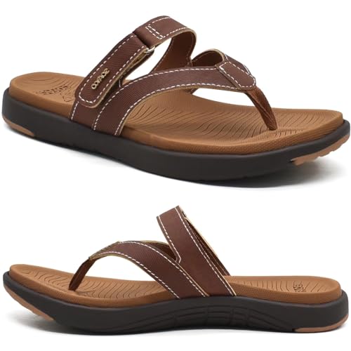 COFACE Womens Orthotic Flip Flops Ladies Slip On Athletic Yoga Mat Cushion Leather Thong Sandals Summer Beach Pool Wide FlipFlops Sandles Comfort Plantar Fasciitis Arch Support Brown Size 8