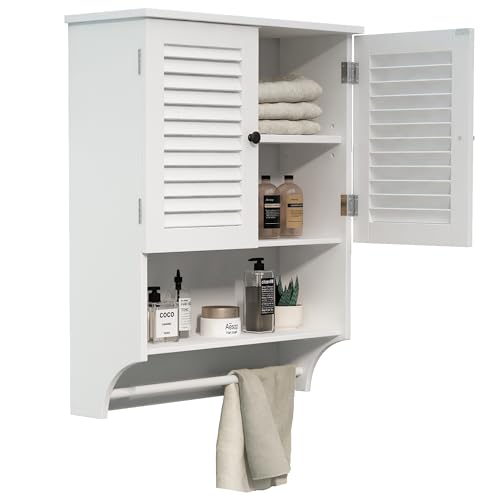 ChooChoo Medicine Cabinet with Towels Bar, 23.6' L x8.9 W x29.3 H MDF Material Bathroom Wall Cabinet, 2 Doors Over The Toilet Space Saver Storage Cabinet with Large Space, White