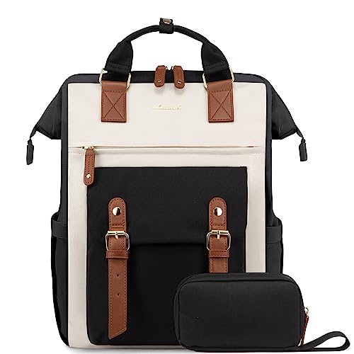 LOVEVOOK Laptop Backpack For Women Work Travel Backpack Purse, Nurse Bag College Backpack, Teacher Doctor Business Laptop Bag, Waterproof Wide Open Back pack, 15.6 Inch, Black-Beige-Brown