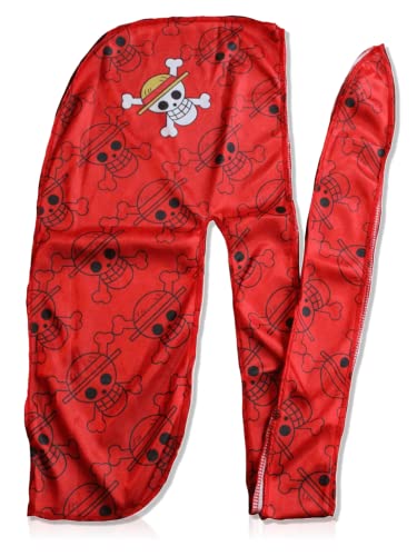 Art Silky Anime Durag with Long Wide Tails and Quadruple Stitching - Red Skull Smooth Satin Fabric Du Rag for Comfort Compression
