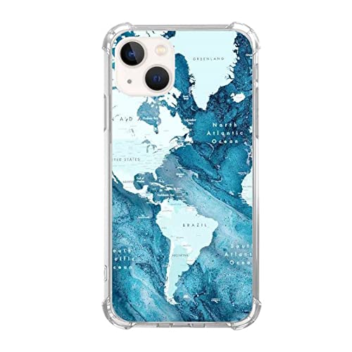 Dolosflap Aesthetic Blue World Map Case Compatible with iPhone 15，Blue Oceans Map Case for Girl Women Men, Unique Soft TPU Bumper Cover Case for iPhone 15