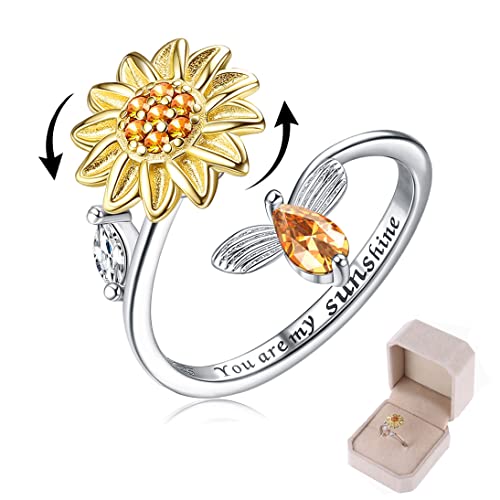 LOMATT Fidget Ring Set for Women Anxiety Spinner Ring for Girls Teens Stainless Steel Rings 4PCS Rose Gold Silver Rainbow Anxiety Stress Relief