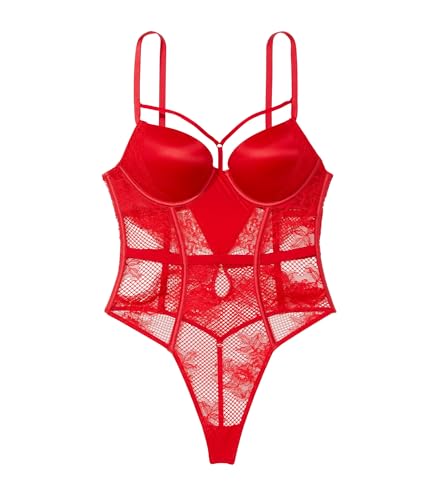 Victoria's Secret Bombshell Fishnet Floral Teddy, Push Up, Fishnet Lace Fabric, Women's Lingerie, Very Sexy Collection, Red (L)