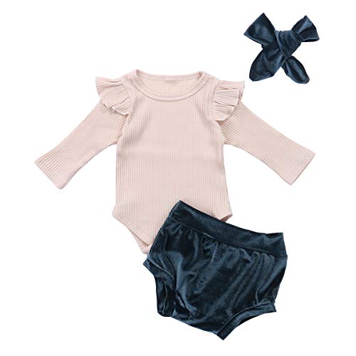 Ti-tin Newborn Baby Girl Ribbed Romper Shorts Set Outfits Long Sleeve Ruffles Bodysuit Velvet Shorts Headband 3 Pcs Clothes (Ribbed Top+Green Velvet Shorts, 9-12 Months)