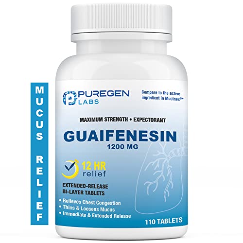P Puregen Labs Mucus Relief 12 Hour Extended Release Guaifenesin 1200mg Maximum Strength | Value Size 110 Count | Chest Congestion Expectorant Tablets
