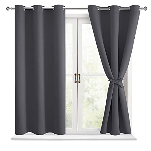 Hiasan Short Blackout Curtains for Bedroom - Thermal Insulated & Light Blocking Window Curtains for Living Room, 2 Drape Panels Sewn with Tiebacks, Dark Grey, 42 x 45 Inch