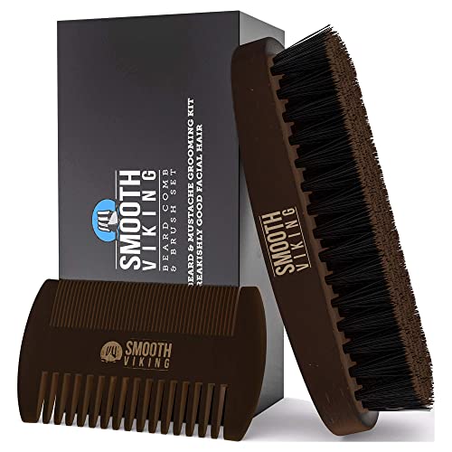 Smooth Viking Beard Brush & Comb Gift Set for Men - Natural Boar Bristle Hair Brush & Wooden Comb - Facial Hair Styling, Grooming & Shaping Tools