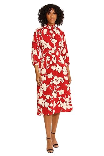 Maggy London Women's Mini Ruffle Smocked Mock Neck Midi Dress, Red/Ivory