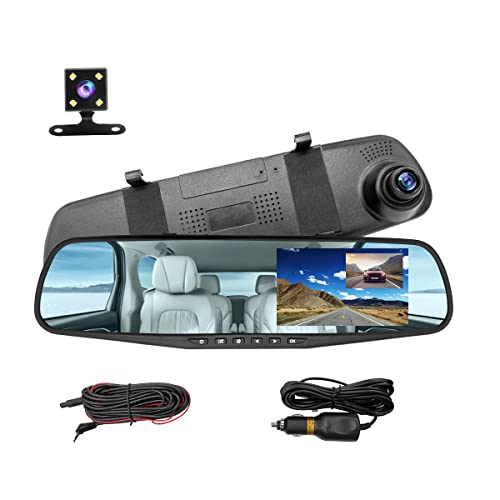 Mirror Dash Cam for Car, 4.3' Backup Smart Rearview Mirror Camera, Waterproof HD 1080P Front and Rear Wide Angle, Support Dual Cameras, Night Vision, Parking Assistance & Loop Record