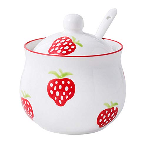 Mathew Hand-painted Strawberry Ceramic Seasoning Jar Condiment Pot Sugar Bowl with Lid and Spoon