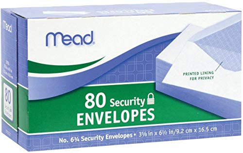 Mead #6-3/4 Envelopes, Security Printed Lining for Privacy, Gummed Closure, 3-5/8' x 6-1/2', All-Purpose 20-lb Paper, White, 80 per Box (75212)