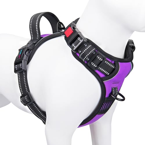 PHOEPET Reflective Dog Harness Large Breed Adjustable No Pull Vest with with Handle 2 Metal Rings 3 Buckles [Easy to Put on & Take Off](L, Purple)