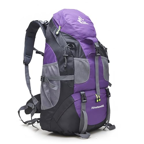 Bseash 50L Hiking Backpack, Water Resistant Lightweight Outdoor Sport Daypack Travel Bag for Camping Climbing Touring (Purple - No Shoe Compartment)
