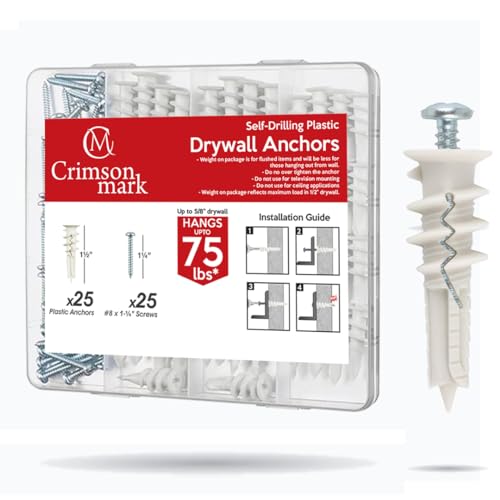 CrimsonMark 50Pcs Self Drilling Drywall Anchors and Screws kit #8 x 1-1/4”- Superb Wall Anchors for Drywall, Holds Upto 75lbs – No Drill Hole Required with These Dry Wall Screws and Anchors