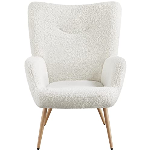Yaheetech Boucle Fabric Accent Chair, Sherpa Furry Casual Chair with High Back and Soft Padded, Modern Fuzzy Sherpa Chair, Cozy Armchair for Living Room Bedroom Study, White