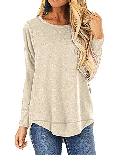 HIYIYEZI Fall Tops for Women Long Sleeve Side Split Casual Loose Tunic Top (Large,Beige)