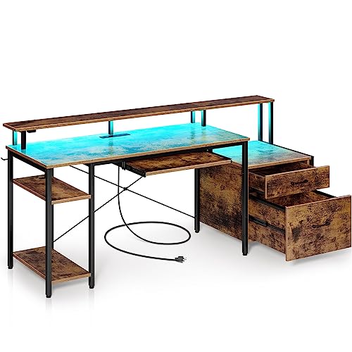 Rolanstar Computer Desk 65' with File Drawer, Gaming Desk with LED Light & Power Outlets, Home Office Desk with File Cabinet & Storage Shelves, with Monitor Stand & Keyboard Tray, Rustic Brown