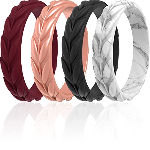ThunderFit Silicone Bands for Women - Leaf Design 5.2mm Width - 2mm Thick (Dark Red g, Rose Gold A, Black, Marble - Size 7.5-8 (18.2mm))