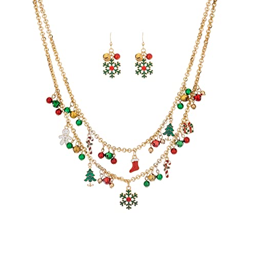 Madison Tyler Christmas Layered Necklace Set for Women | Statement Christmas Tree Candy Cane Jingle Bells Snowflake Jewelry | Green Dangle Snowflake Earrings | Xmas Holiday Necklaces Gifts for Girls.