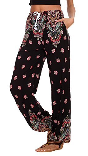 Urban CoCo Women's Floral Print Elastic Waist Drawstring Casual Boho Yoga Harem Jogger Lightweight Pants with Pockets