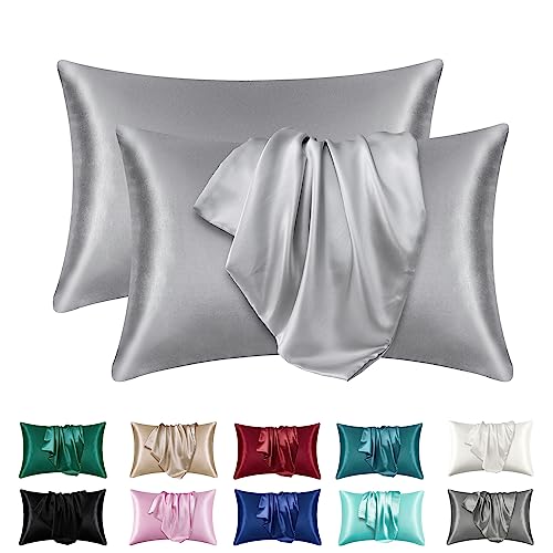 LXMGED Satin Silk Pillowcases for Skin and Hair,Set of 2 Satin Pillow Cases for Women with Envelope Closure,Soft Breathable Smooth Cooling Silk Pillow Covers for Gifts，Silver Grey，Queen (20' x 30')