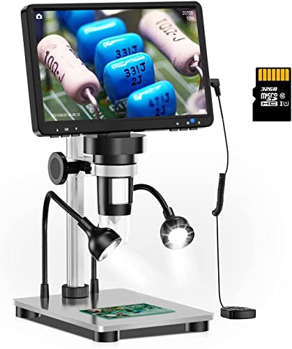 Elikliv LCD Digital Microscope 1200X, 7' 1080P Coin Microscope with 12MP Ultra-Precise Focusing, 10 LED Fill Lights, Wired Remote, PC View, Metal Stand, Windows/Mac Compatible, 32GB
