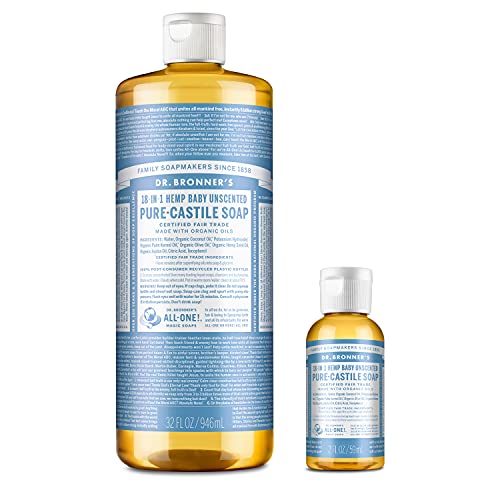 Dr. Bronner’s Pure-Castile Liquid Soap – Baby Unscented Bundle. 32 oz. Bottle and 2 oz. Travel Bottle