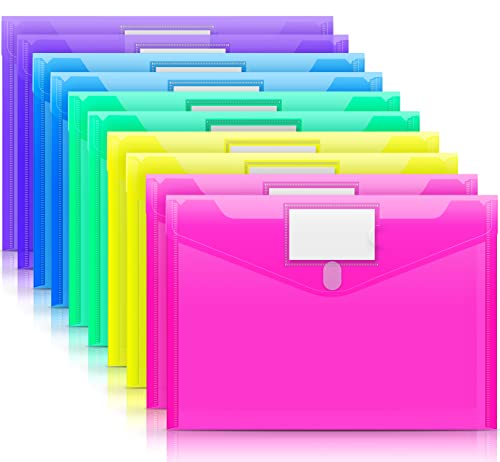 Sooez 10 Pack Plastic Envelopes Poly Envelopes, Clear Document Folders File Folders US Letter A4 Size File Envelopes with Label Pocket, Assorted Color