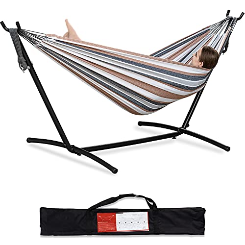PNAEUT Double Hammock with Space Saving Steel Stand included 2 Person Heavy Duty Outside Garden Yard Outdoor 450lb Capacity 2 People Standing Hammocks and Portable Carrying Bag (Coffee)