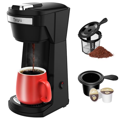 Teglu Single Serve Coffee Maker for K Cup Pod & Ground Coffee 2 in 1, K Cup Coffee Machine 14 Oz Brew Size, Mini One Cup Coffee Pot Fast Brewing 800W, Reusable Filter, CM208, Black