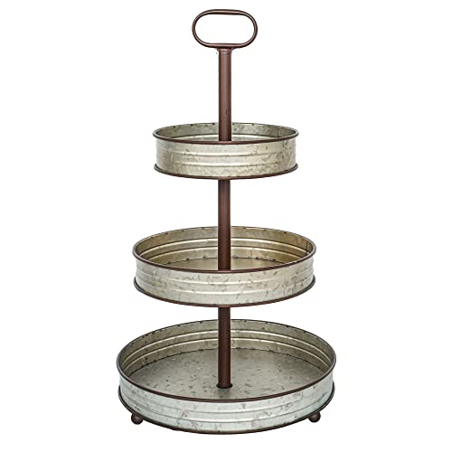 MODE HOME Farmhouse 3 Tiered Round Metal Tray Stand, Decorative Tiered Serving Tray with Handle for Kitchen, Dining Room, Shelf Coffee Bar, Seasonal Display Tiered Tray Decor, Galvanized Gray Finish