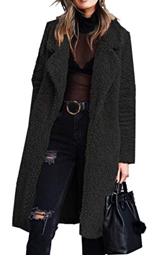 Angashion Women's Fuzzy Fleece Lapel Open Front Long Cardigan Coat Faux Fur Warm Winter Outwear Jackets Black S