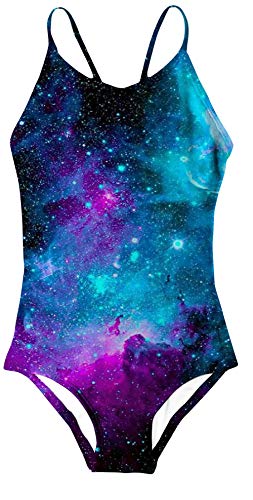 9-10 Years Girls One Piece Swimsuit Cute Blue Galaxy Sky Halter Btahing Suit for Beach