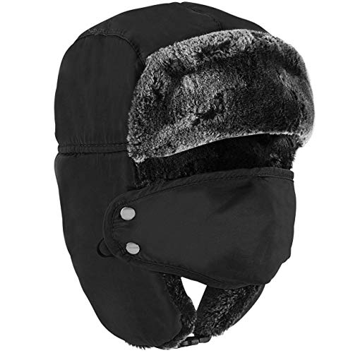 Winter Trapper Hat - Russian Style Ushanka, Trooper, Face Mask Hats for Men and Women - Ear Flaps, Chin Strap, Windproof Ski Mask - Covers Full Face - Hunting, Snowboarding Accessories Black