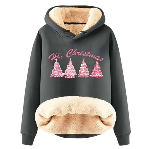 Fleece Lined Hoodies for Women Christmas Printed Hooded Sweater And Velvet Thickened Warm Loose Hooded (Dark Gray, S)
