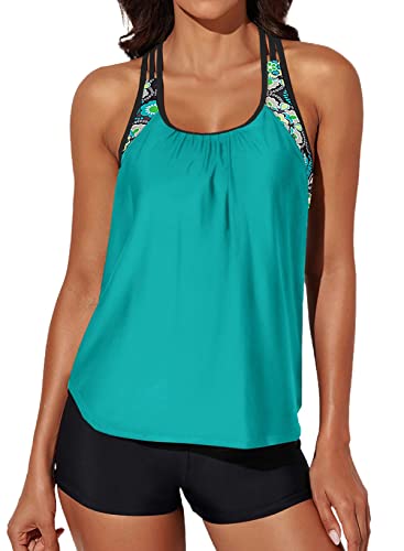 Aleumdr Women's Blouson Floral T-Back Push Up Tankini Top Halter Padded Slimming Swimsuit Sporty Swimwear Mint Green Large