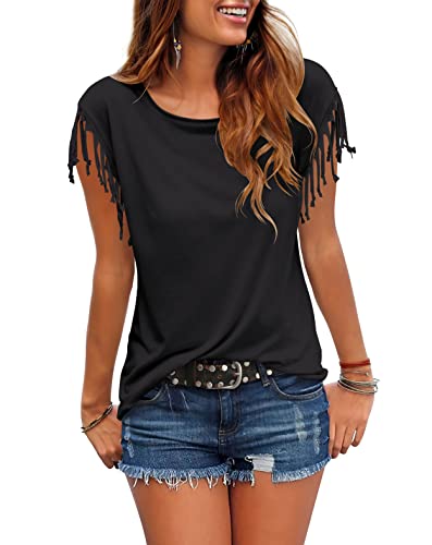 Cosonsen Women's Tassel Short Sleeve Round Neck T-Shirt Top Casual Summer Tee