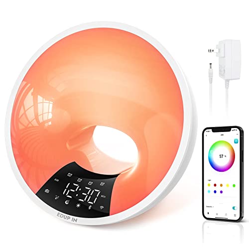 EDUP IN Sunrise Alarm Clock Wake Up Light APP/Voice Control Smart Sunlight Simulation Sleep Aid Bluetooth Speaker Snooze 4 Alarms FM Radio 7 Natural White Noise WiFi 12/24H USB Charging Port